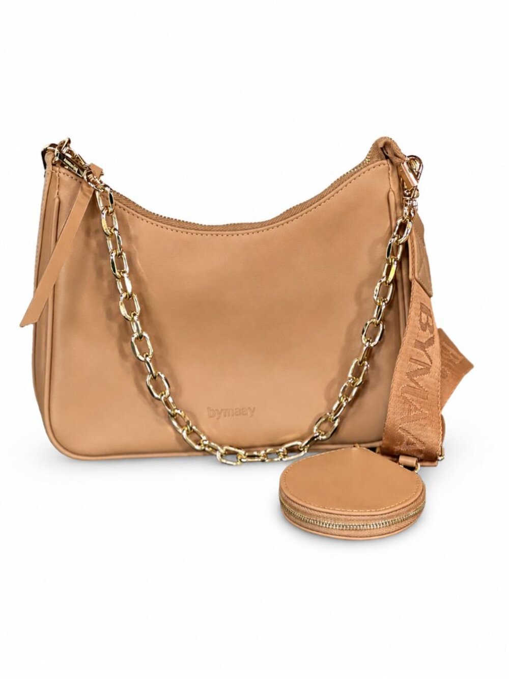 bymaay Luna Bag Tan Vegan Leather Crescent Hobo Crossbody Gold Chain Coin Pouch